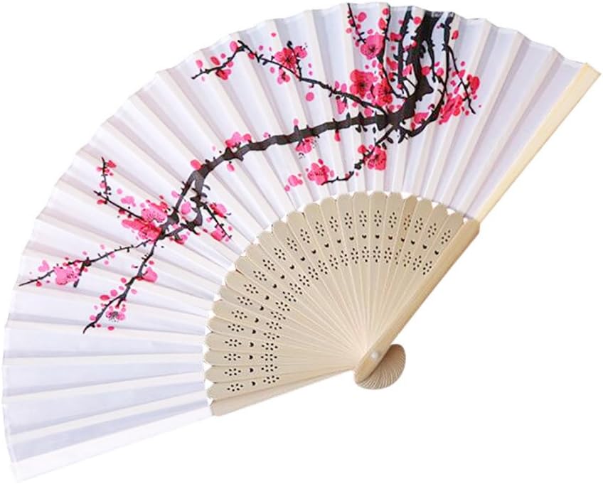 Guo Nuoen Vintage Bamboo Folding Hand Held Flower Fan Chinese Dance Wedding Party Pocket Gifts (White)