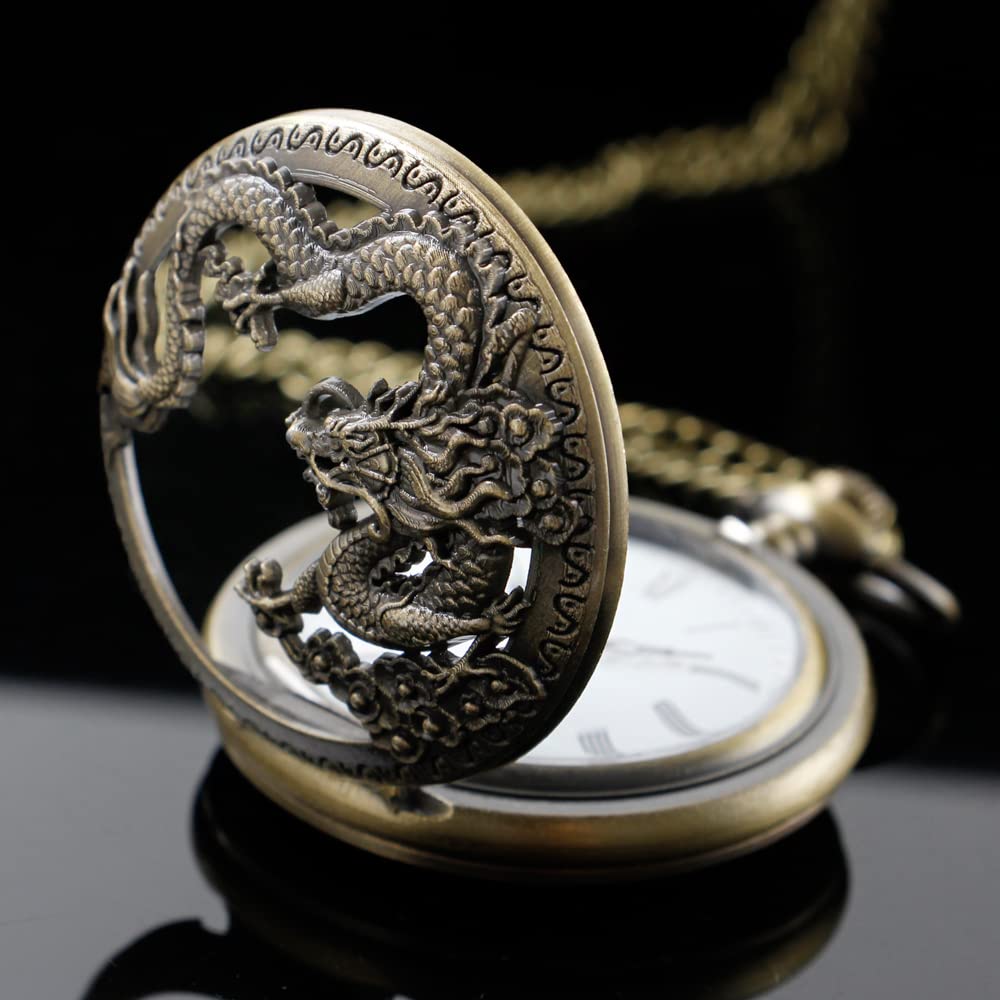 Alwesam Dragon Design Quartz Pocket Watch Roman Numerals with Chain Birthdays Gifts for Father's Days