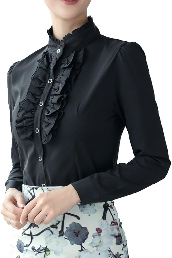 Dreamstar Women Frilly Stand Collar Victorian Ruffle Chiffon Career OL Slim Blouse Shirt Amazon
