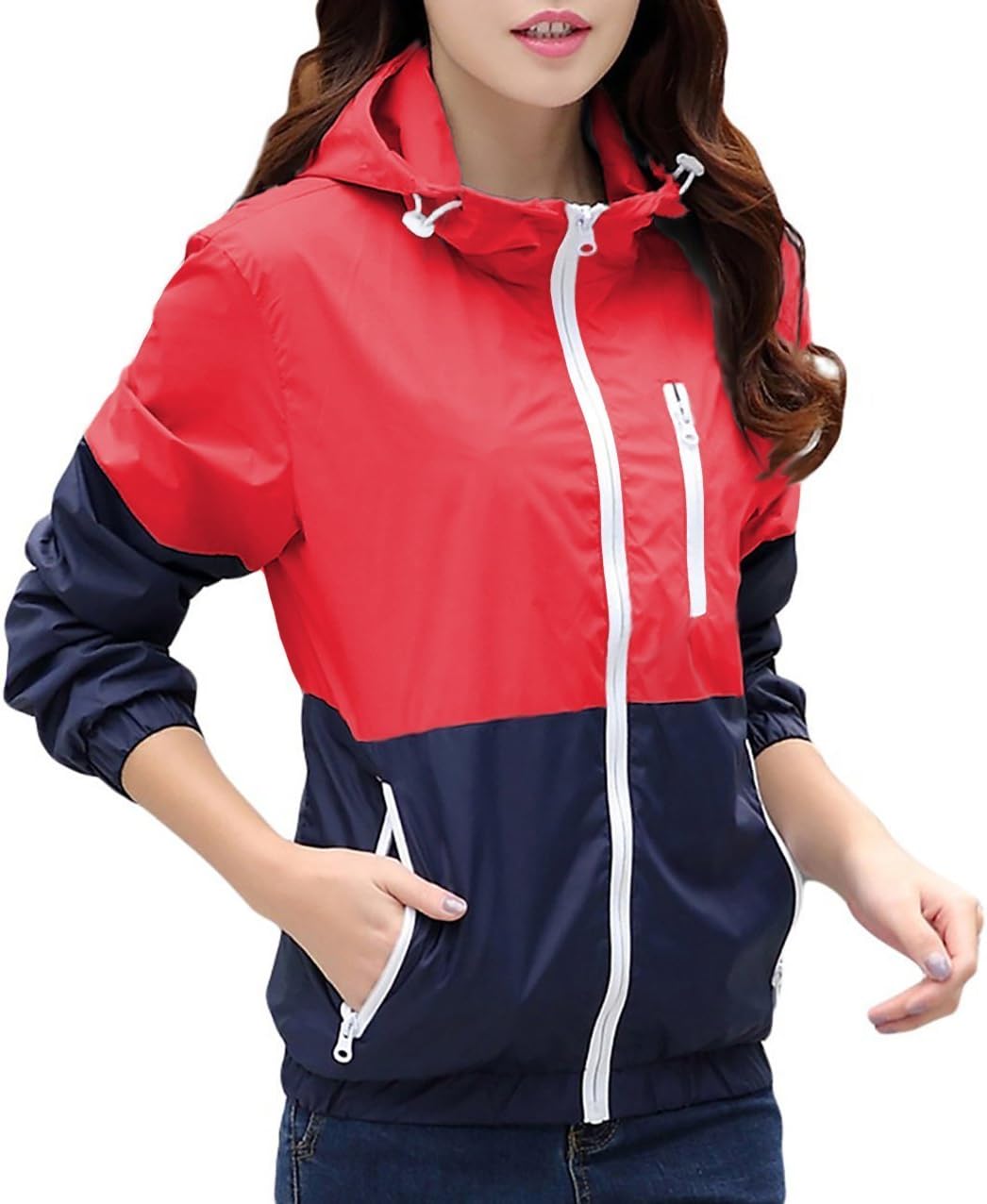 Miouke Womens Lightweight Windbreakers Sun Protection Outdoor Hooded Sports Outwear Quick Dry Jacket Lovers Coat,Red,US Size L(Tag Size 2XL