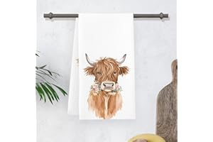 24x15 inches Highland Cow Kitchen Towels, Black Highland Cow Multi-Floral Crown Print, Highly Absorbent Quick Dry Microfiber 
