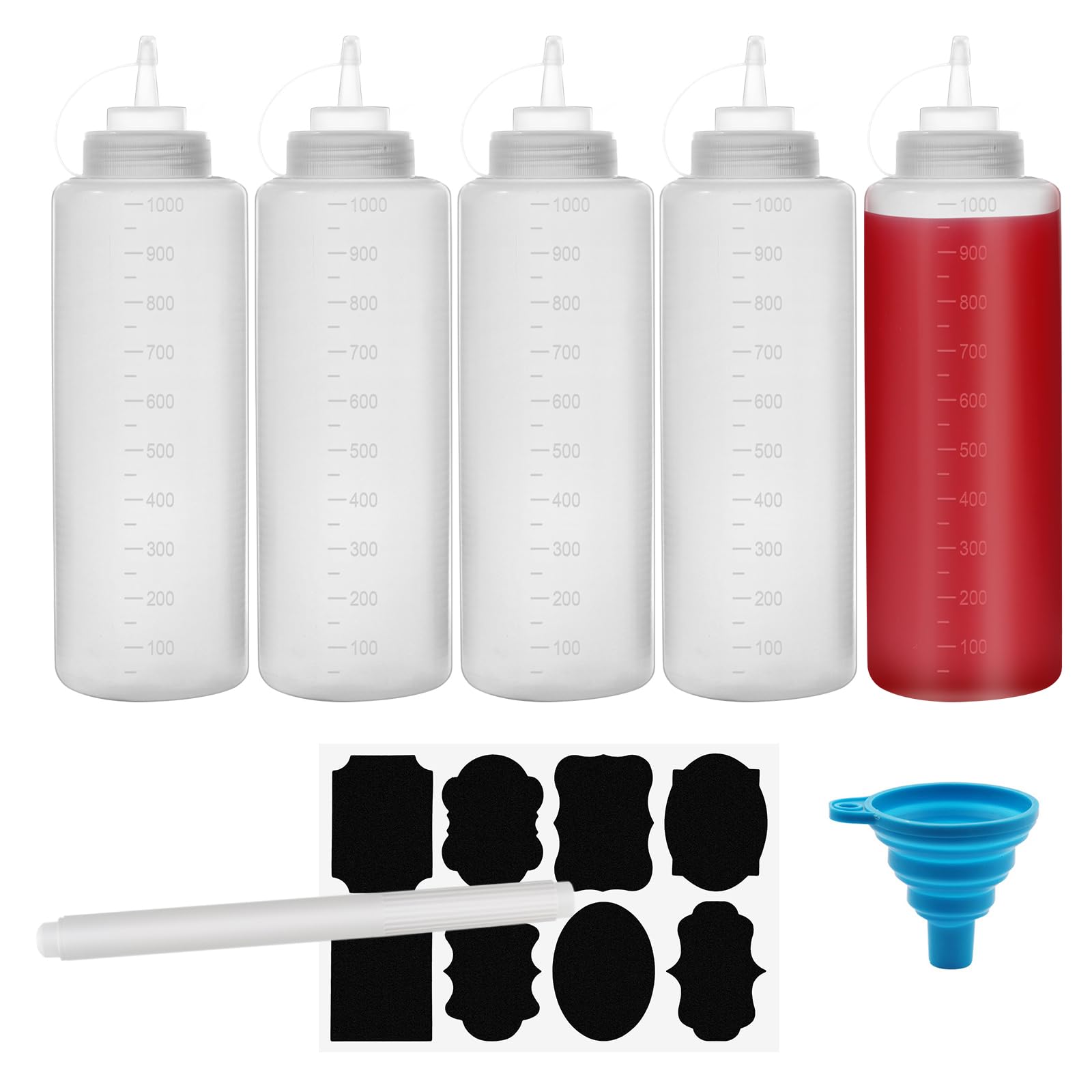 Chetexus 32oz Condiment Squeeze Bottle, 5 Pack 1000ml Squeezy Sauce Bottles, Plastic Squeeze Dispensers with Measurements for Ketchup, BBQ, Sauces, Syrup, Dressings