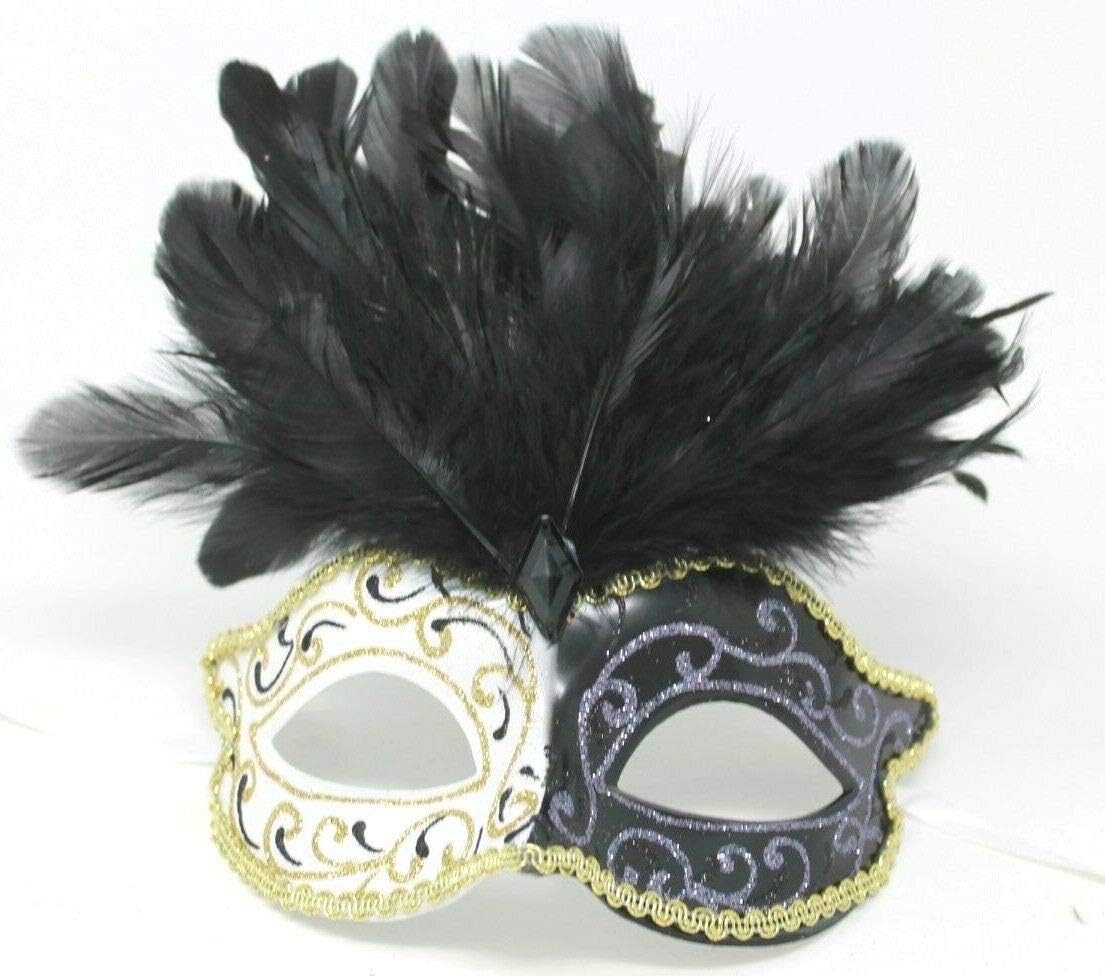 BLACK IVORY & GOLD VENETIAN MASQUERADE PARTY EYE MASK WITH LONG FEATHERS, 7cm Deep Exc Feathers - Image 5
