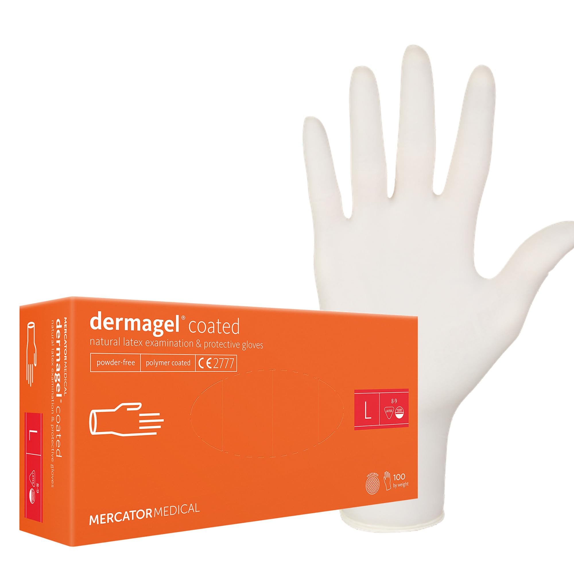 DERMAGEL COATED Latex Gloves, Disposable Powder-free Gloves, Protective Gloves, Transparent, Powder-Free, Size: L – 100 Pieces