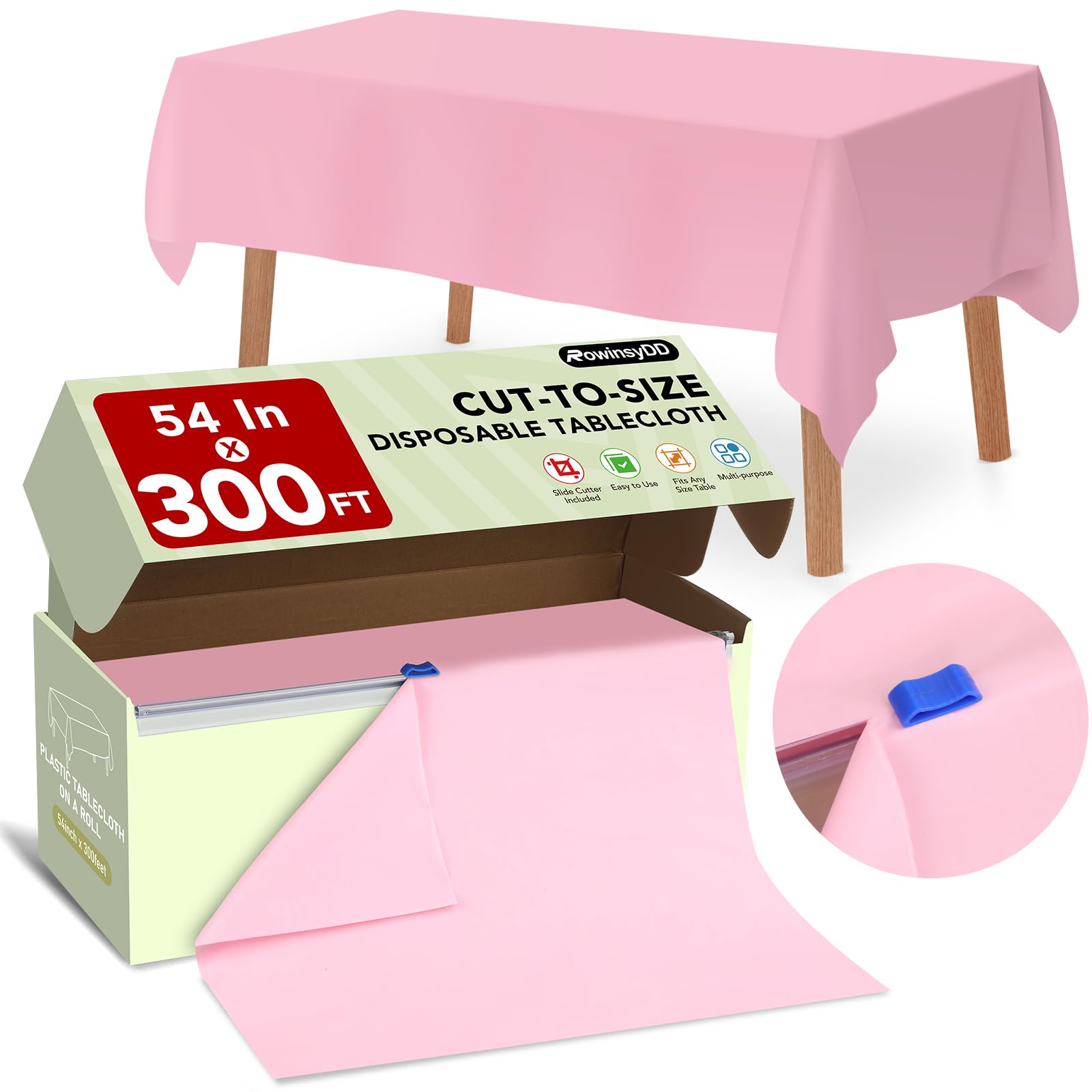 Photo 1 of 54 in X 300 FT Pink Plastic Table Cover Roll with Slide Cutter, Cuts Up to 36 Rectangle 8 Feet Disposable Plastic Table Cloths, Disposable Table Cover Roll for Dinning, Parties, BBQ, Wedding, Outdoor