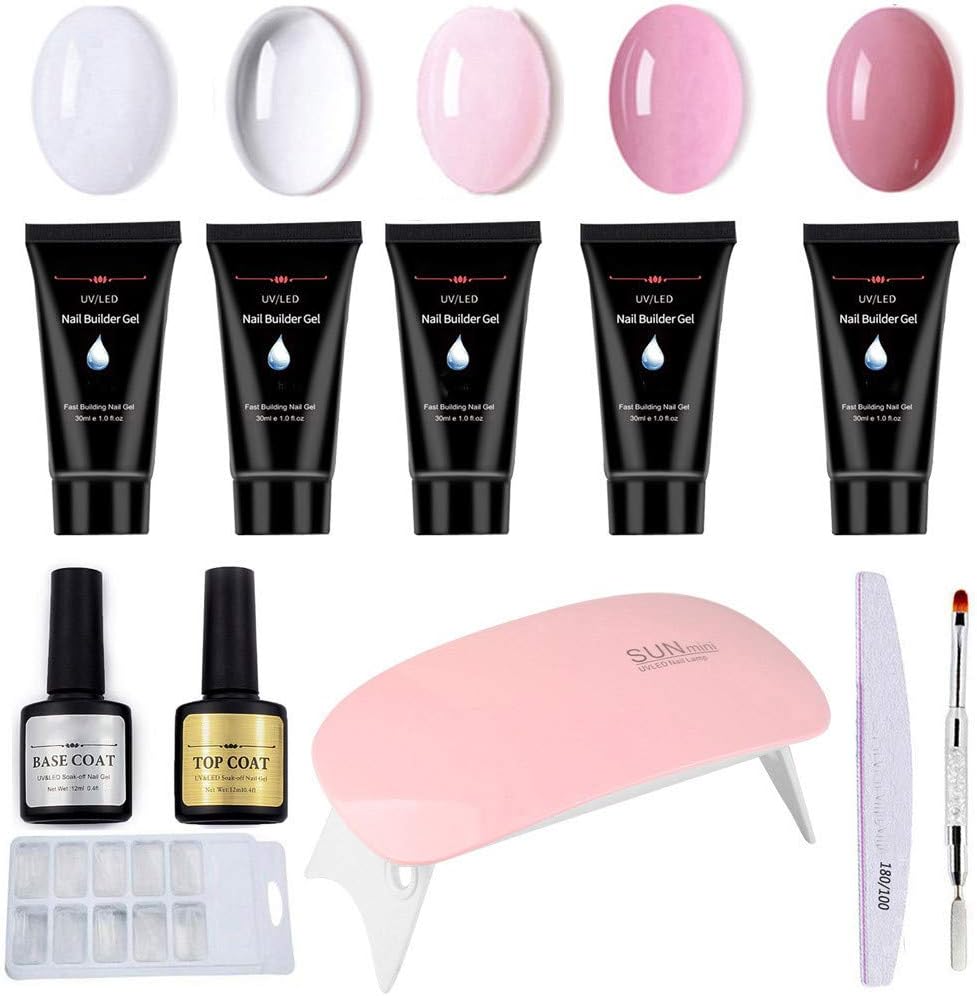 Poly Gel Nail Kit, 12 pcs Nail Extension Builder Gel Nail Enhancement Trial Kit, Professional All-in-One French 5 Colors Nail Gel Kit with UV/LED Nail Lamp for Nail Art Starter (Pink Nail Lamp)