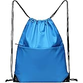 BuyAgain Drawstring Backpack Sports Water Resistant String Bag Sport Gym Sackpack for Women Men Large with Zipper, Neon Blue