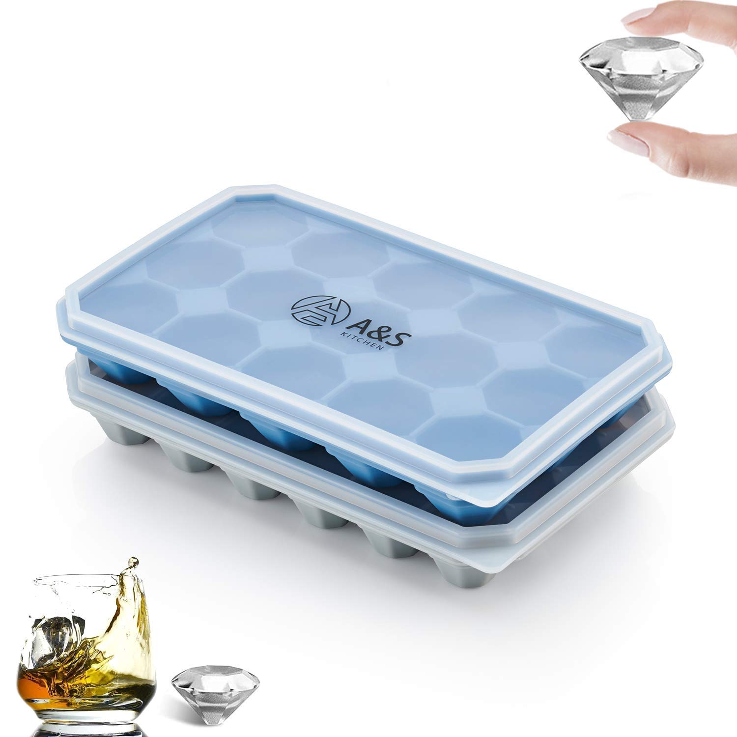 A&S Kitchen Ice Cube Tray with Spill-Resistant Removable Lid – Silicone Ice Cube Trays with Lids, Reusable, Flexible, Easy Release Ice Tray, Best for Baby Food, Water, Cocktail Drinks - Pack of 2