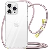 YESPURE Case for iPhone 16 Pro Clear Lanyards for Women Adjustable Neck Shoulder Crossbody Strap Cover Soft Rubber Cornors Bumper Shockproof Protective Phone Case for iPhone 16 Pro - Rose Gold