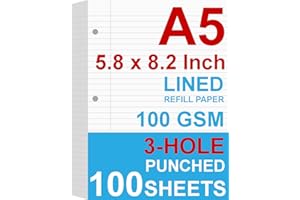 NOKINGO A5 Filler Paper, 3 Hole Planner Refills, Organizer, Loose-leaf Binder Paper, 100 Sheets/200 Pages, Lined, 100gsm, White, 5.8 x 8.2 Inch, 3 Hole Filler Paper, Mini Binder Refill Inserts