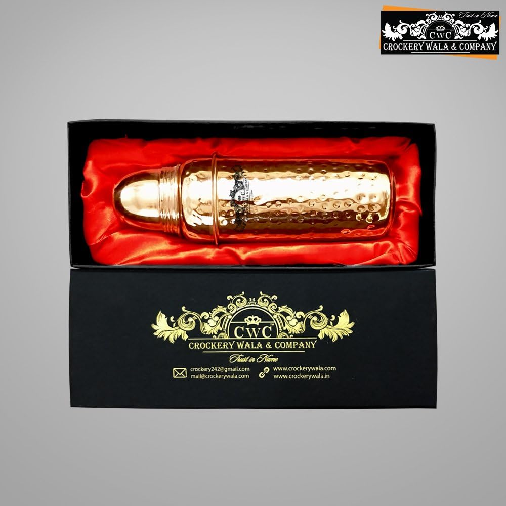 Crockery wala and Company Premium Copper Hammered Thermos Bottle with elegant gift box, Handmade, Made of 99.5% Solid Pure Copper, Copper bottle enhances Good Health and good for travel purposes