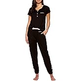 bebe Womens Pajama Set, Short Sleeve Shirt with Lace Jogger PJ Pants Lounge Sets for Women