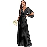 Lvminweaz V Neck Bridesmaid Dresses for Women Short Sleeve Chiffon Pleated A Line Formal Evening Dress