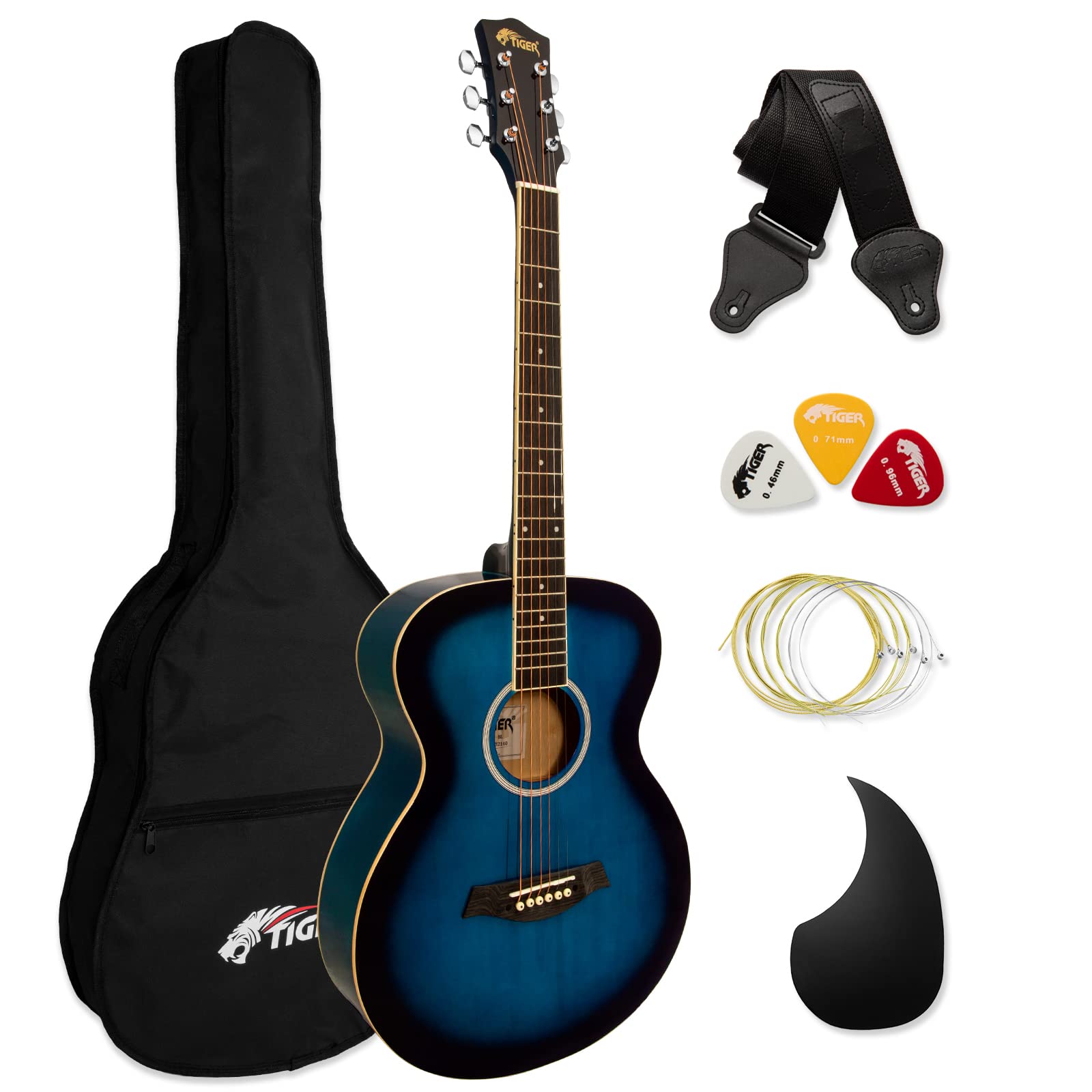 Acoustic Guitar for Beginners - Full Size, Steel-String - includes Gig-bag, Strap, Scratchplate and Spare Strings - Blue - TIGER ACG2-BL