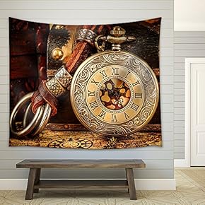 Vintage Antique Pocket Watch. Vintage Grunge Still Life. - Fabric Wall Tapestry Home Decor - 51x60 inches
