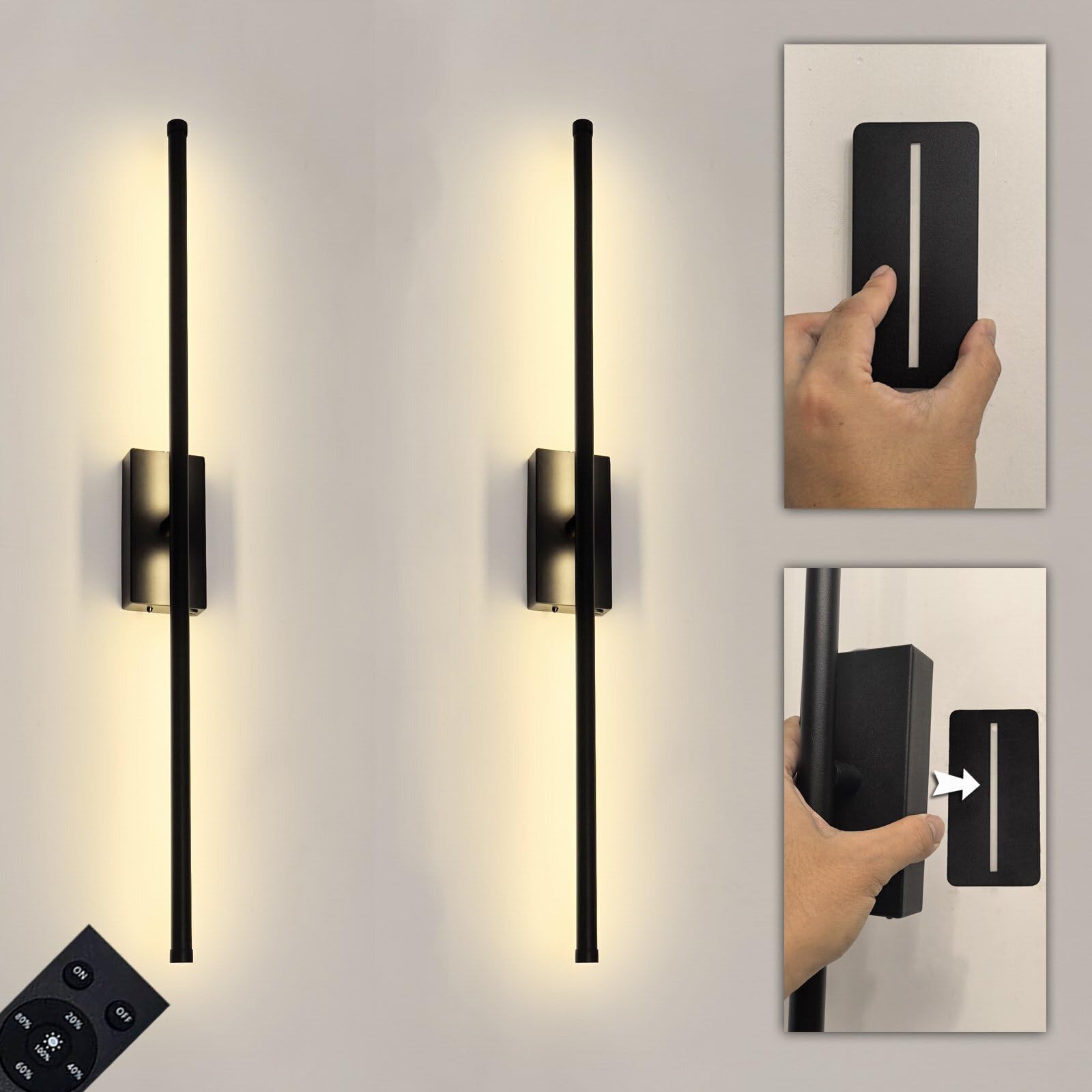 Photo 1 of ***GOLDD NOT BLACK***Easy Install Peel and Stick on Battery Operated Wall Sconces Set of 2 Rechargeable, Magnetic Linear Wall Sconce Wireless Long Picture Vanity Wall Light for Living Room Bedroom (2 Pack, 28.3'', Black)