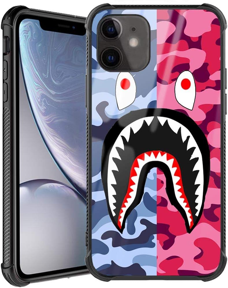 Doulounan iPhone 11 Case, Street Fashion iPhone 11 Luxury Cool for Boys Girls Slim Fit Tempered Glass Cover with Soft Silicone TPU Shockproof Bumper Case for iPhone 11 Case (Pink Blue Shark)