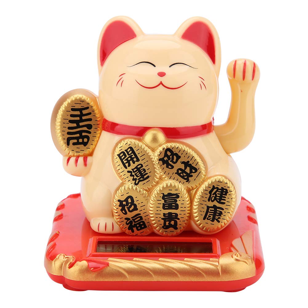 Solar Powered Waving Lucky Fortune Cat Welcoming Cat Adorable Waving Beckoning Fortune Lucky Cat Home Car Decor Ornaments, Great Gift(Gold)
