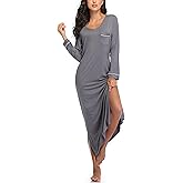 COLORFULLEAF Nightgowns for Women Long Sleeve V Neck Nightshirts Soft Full Length Sleepwear with Pockets