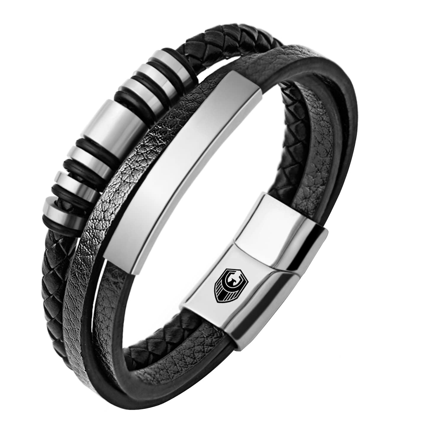Mens Leather Bracelet Silver, Handmade Braided Leather Bracelets for Men with Magnetic Stainless Steel Clasp and Exclusive Bracelet Jewellery Box for Mens Gifts Idea (silver, 19.5)
