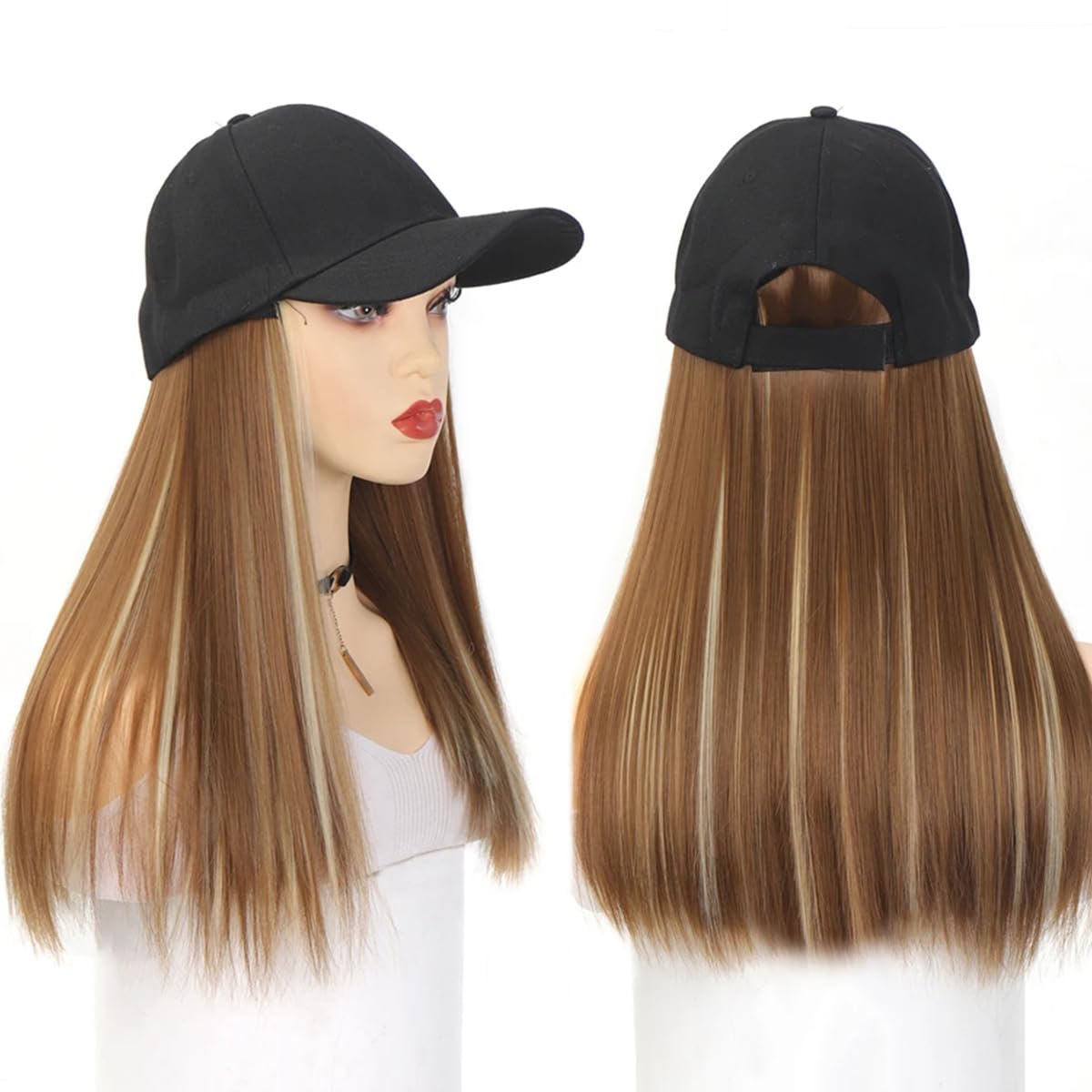 Photo 1 of Baseball Cap Wig Long Straight Hair Extensions With Black Hat Heat Resistant Synthetic Fiber Hairpieces Adjustable Wig for Women Girls Mixed Light Brown,18 Inch Synthetic Fiber, Light Brown Highlights
