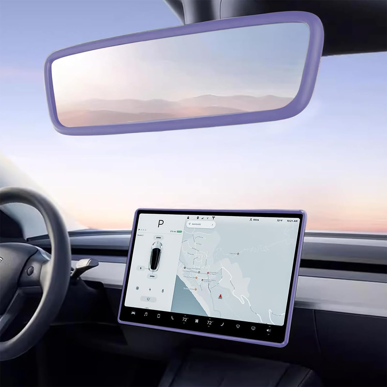 Photo 1 of 2PCS Protector Trim Frame Compatible with Tesla Model 3 Y 2020-2024 2025 2026 Screen Edge Frame Rearview Mirror Cover Interior Decorations Center Console Decor Highland Juniper Accessories (Purple)
