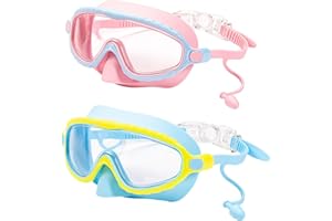 Kids Swimming Goggles with Nose Cover and Earplugs, 2 Pack Swim Goggles for Kids Toddler Age 4-14, Anti Fog UV Protection Cle