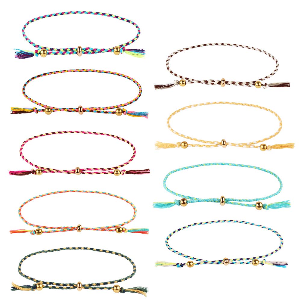 Chudian 9 Pieces Multicolored Handmade Woven Friend Bracelets, Adjustable Copper Bead Braided Rope Wristband