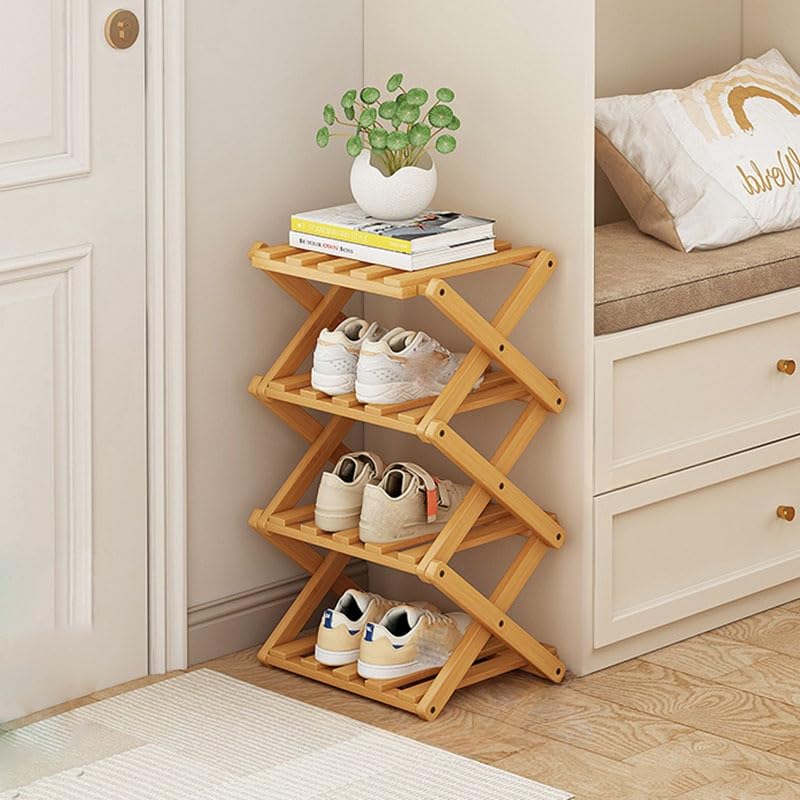 kiss me Bamboo Folding Shoe Rack,Vertical Narrow Shoe Rack,Small Shoe Racks,Without Installation,Shoe Racks Storage,Wooden Narrow Tall rack Indoor for Hallway, Entryway (Natural 4 Tier)