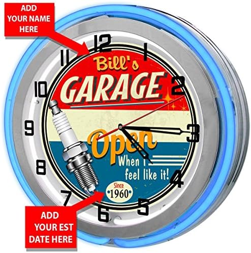 Redeye LaserworksPersonalized Vintage Blue Neon Light Garage Clock, Light Up Wall Clock