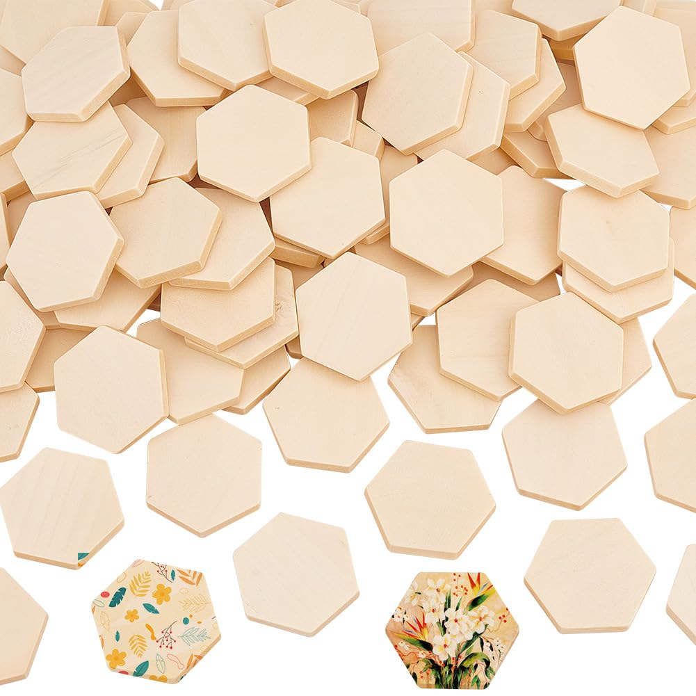 OLYCRAFT 100PCS Unfinished Wood Hexagon Natural Unpainted Wood Hexagon Cutout Shape Wood Hexagon Slices Embellishments Ornaments for Wedding, Valentine’s Day, DIY Supplies 34x39x5mm