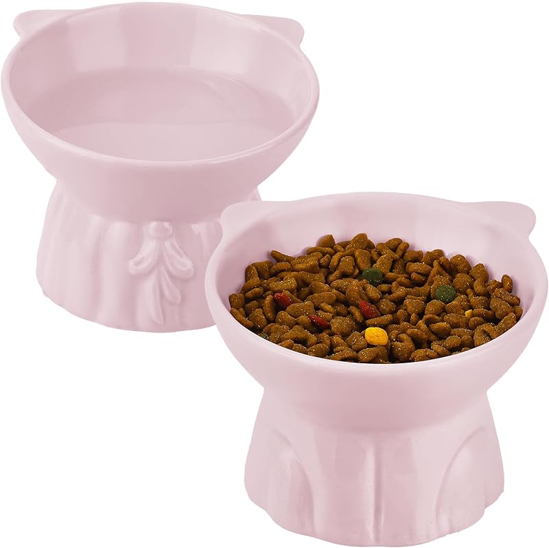 MEETOZ Ceramic Elevated Cat Bowls Pink Raised Food Water Dish Whisker Friendly