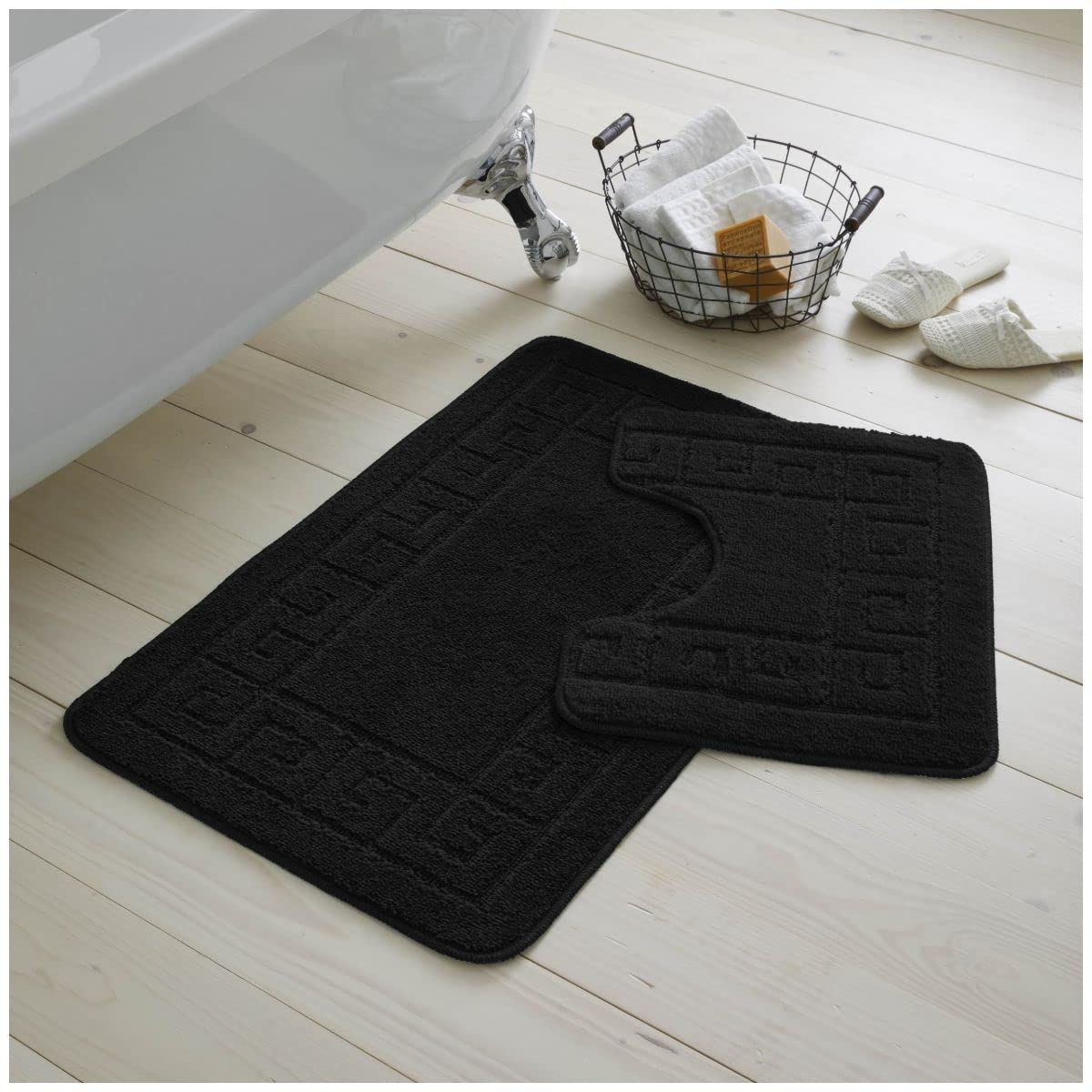 GC GAVENO CAVAILIA Ultra Plush 2 Piece Greek Bath Mat Anti Slip Pedestal Set, Extra Absorbent 100% Polypropylene Bathroom Toilet Rug, Regular (50x80, 50x40 cm), Black