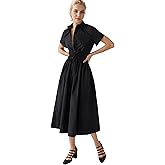 Ladyful Women Casual Button Down Short Sleeve Shirt Dress Tie Waist Midi Shirt Dress Elegant Business Party
