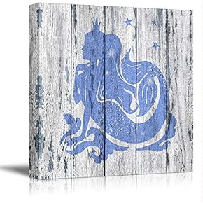 Canvas Wall Art Cartoon Beautiful Mermaid Painting Artwork for Home Prints Framed - 12x12 inches