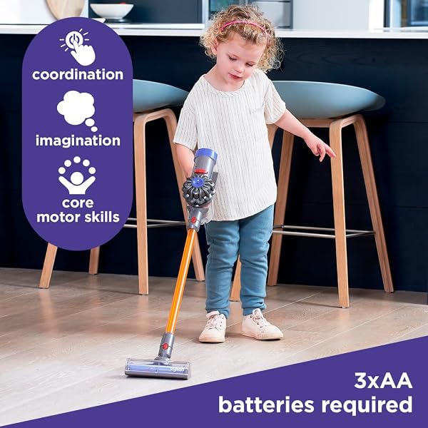 CASDON DYSON CORDLESS VACUUM INTERACTIVE & OFFICIALLY LICENSED TOY DYSON VACUUM FOR CHILDREN AGED 3+ REALISTIC ROLE-PLAY FUN, PURPLE AND ORANGE