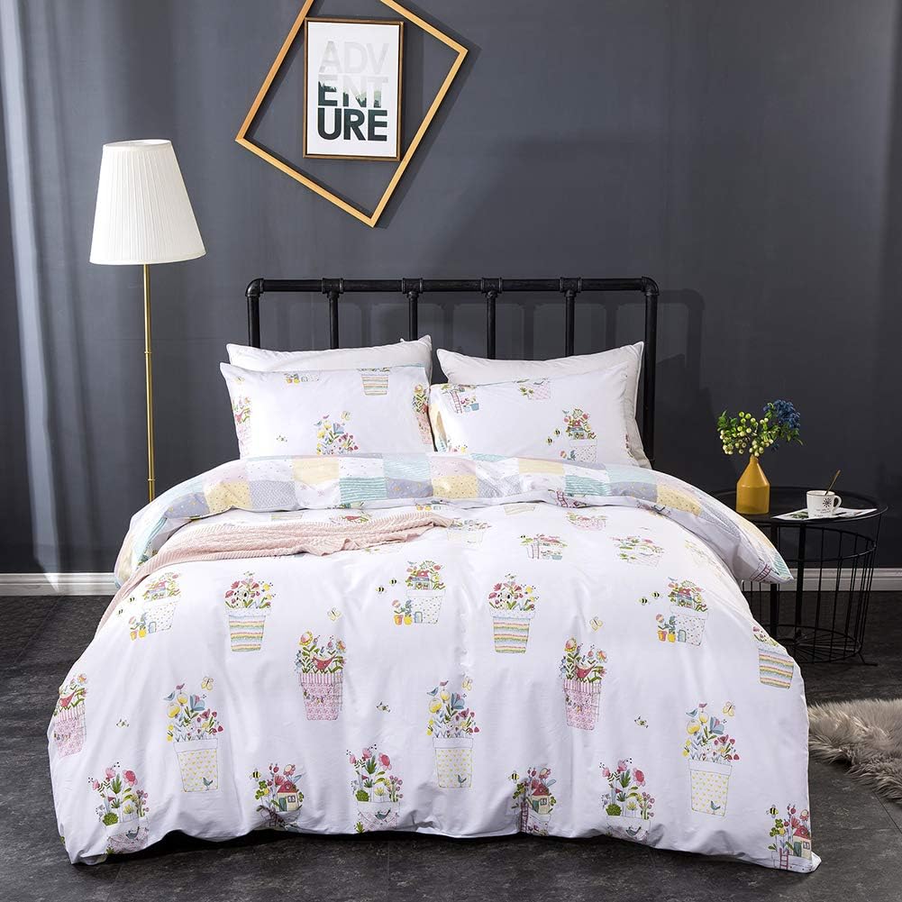 Cottonight Floral Duvet Cover Set Queen Flower Pot Cotton Bedding Cartoon Plant Duvet Cover Set White Reversible Colorful Grid Bedding Set for Teens Girls Soft Comfy