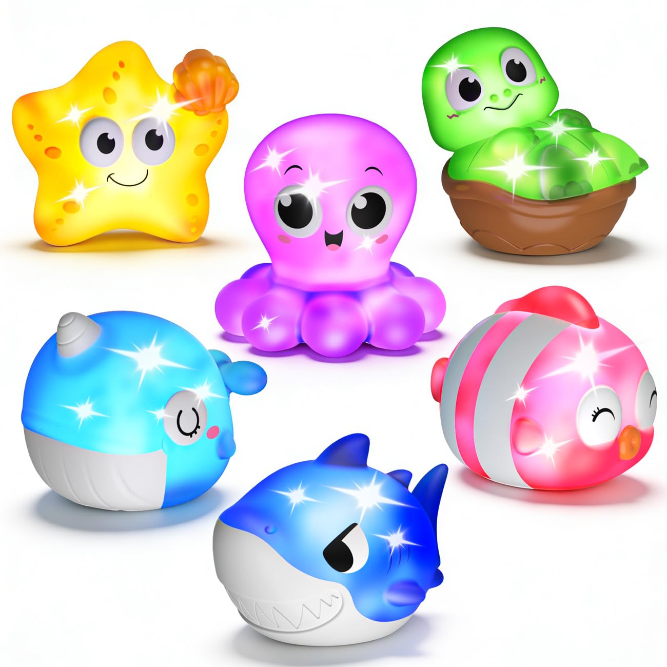 Light Up Baby Bath Toys for 1 2 Year Old, Sea Animals Water Activated Bathtub Toys with Flashing LED Light, Pool Toys for Boys Girls Toddlers Age 1-3 Birthday Gifts Presents - 6 Packs