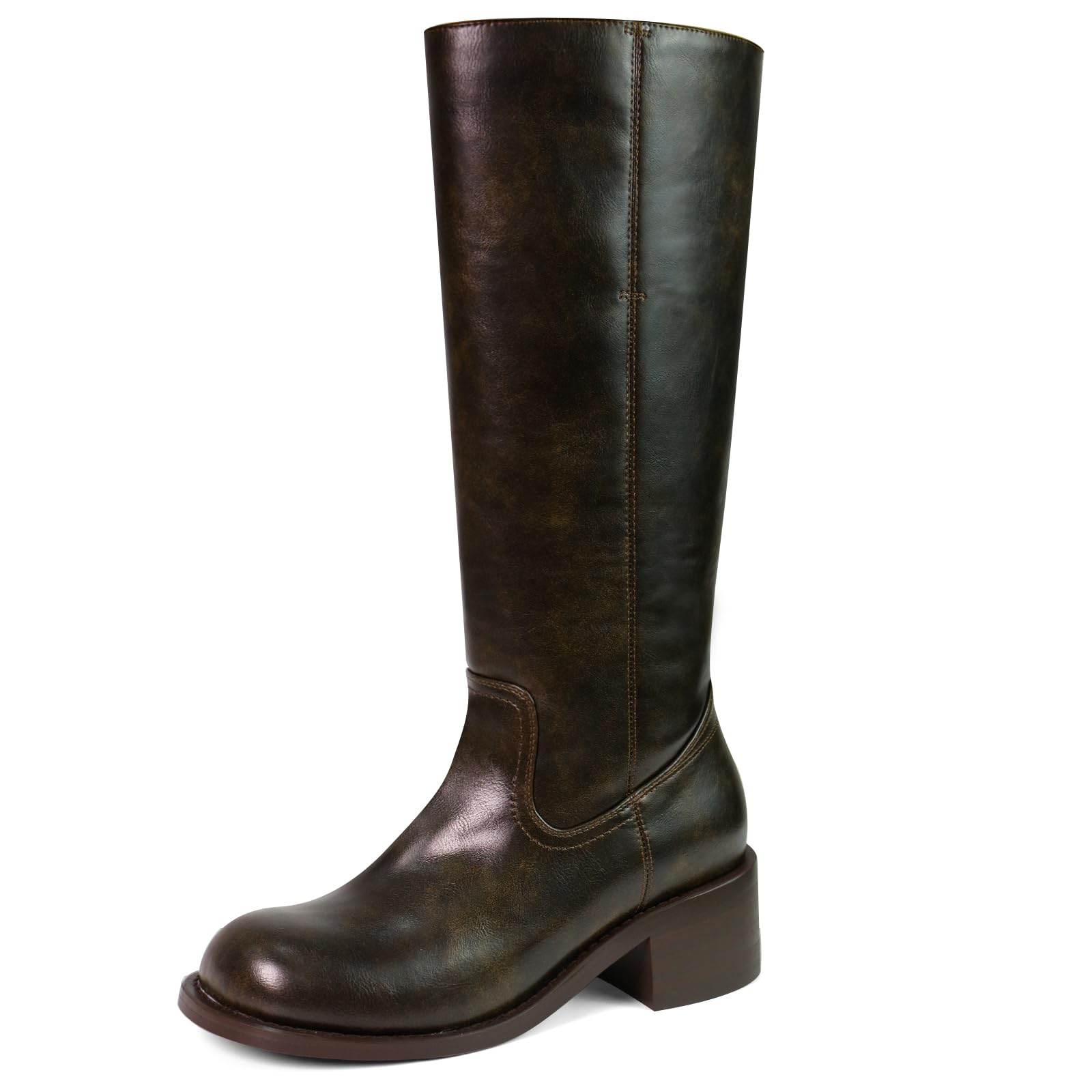 Photo 1 of VBDB Dark Brown Campus Boots for Women Square Toe Chunky Block Heel Long Boots Wide Calf Riding Boots Platform Knee High Boots for Women Size 8