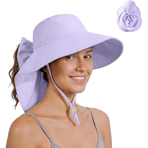 KEILOKLOK Womens Ponytail Hole Sun Hat with Neck Flap Outdoor UPF 50+ | Foldable Wide Brim UV Sun Protection Hat for Fishing