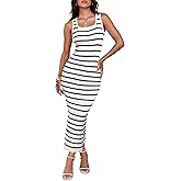 ZESICA Women's Summer Square Neck Bodycon Midi Dresses 2026 Casual Sleeveless Ribbed Knit Striped Beach Vacation Long Dress