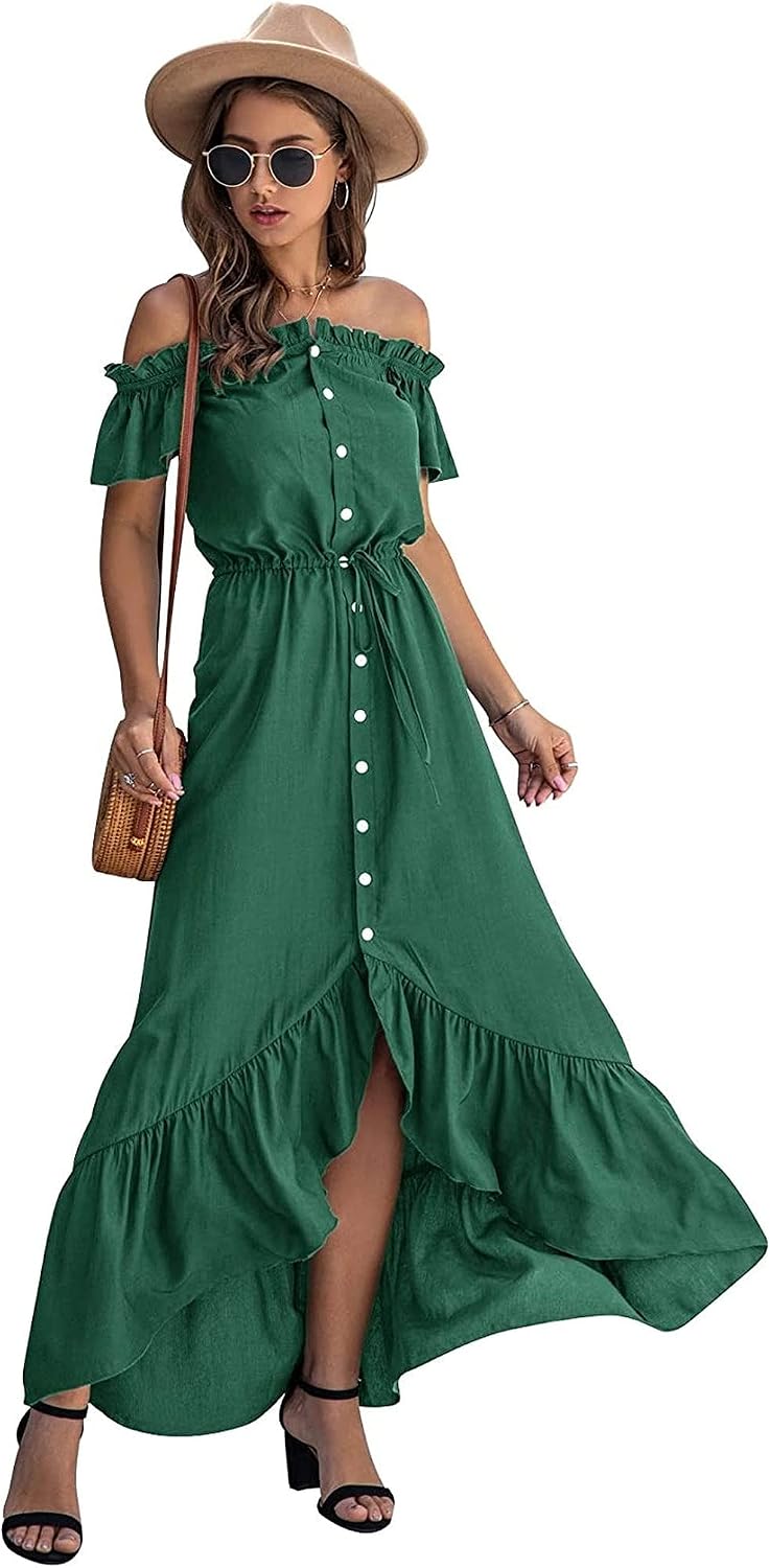 Summer Dresses for Women Casual Off Shoulder Maxi Dress Short Sleeve