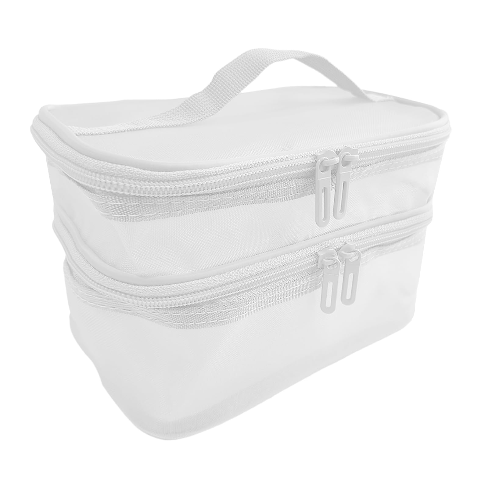 Desuibao Double Layer Makeup Bag, Mesh Cosmetic Bag with Handle, Double Zipper Beauty Make up Bag, 2 Compartment Toiletries Storage Bag, Portable Travel Cosmetic Case Organizer for Women Girls, White