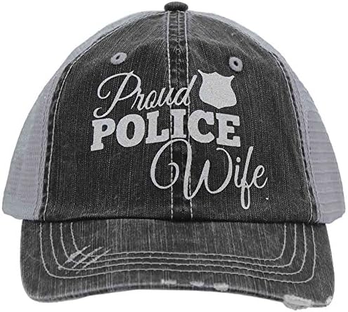 Proud Police Wife Glittering Distressed Trucker Style Cap Hat Rocks any Outfit