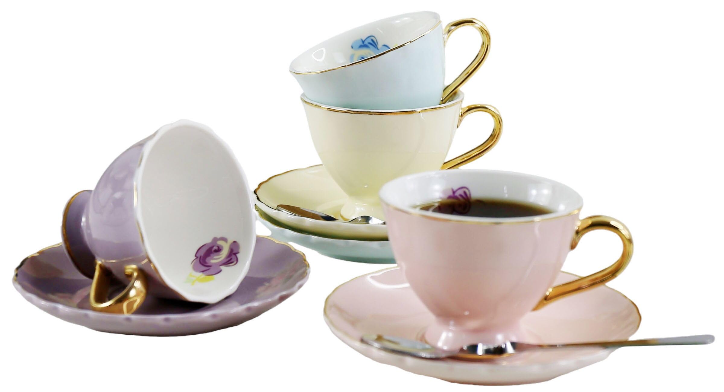 YBK Tech Euro Style Coffee Bar Espresso Cup and Saucer, Set of 4 Porcelain Tea Coffee Cup for Home Kitchen Tea Party (4 Assorted Color/Set) (90ml)