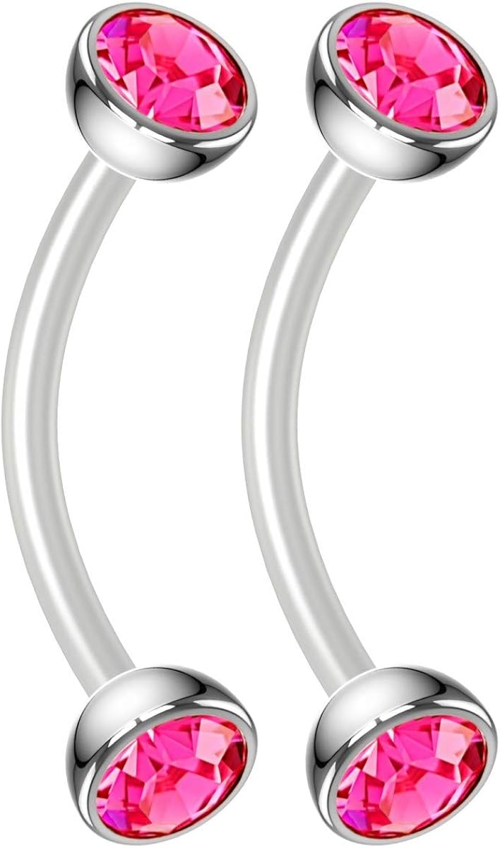 Bling Piercing 2pc 16g Flexible Bioflex Curved Barbell Halfball Rose Crystal 10mm Bioplast J-Curve Bent Banana Bar