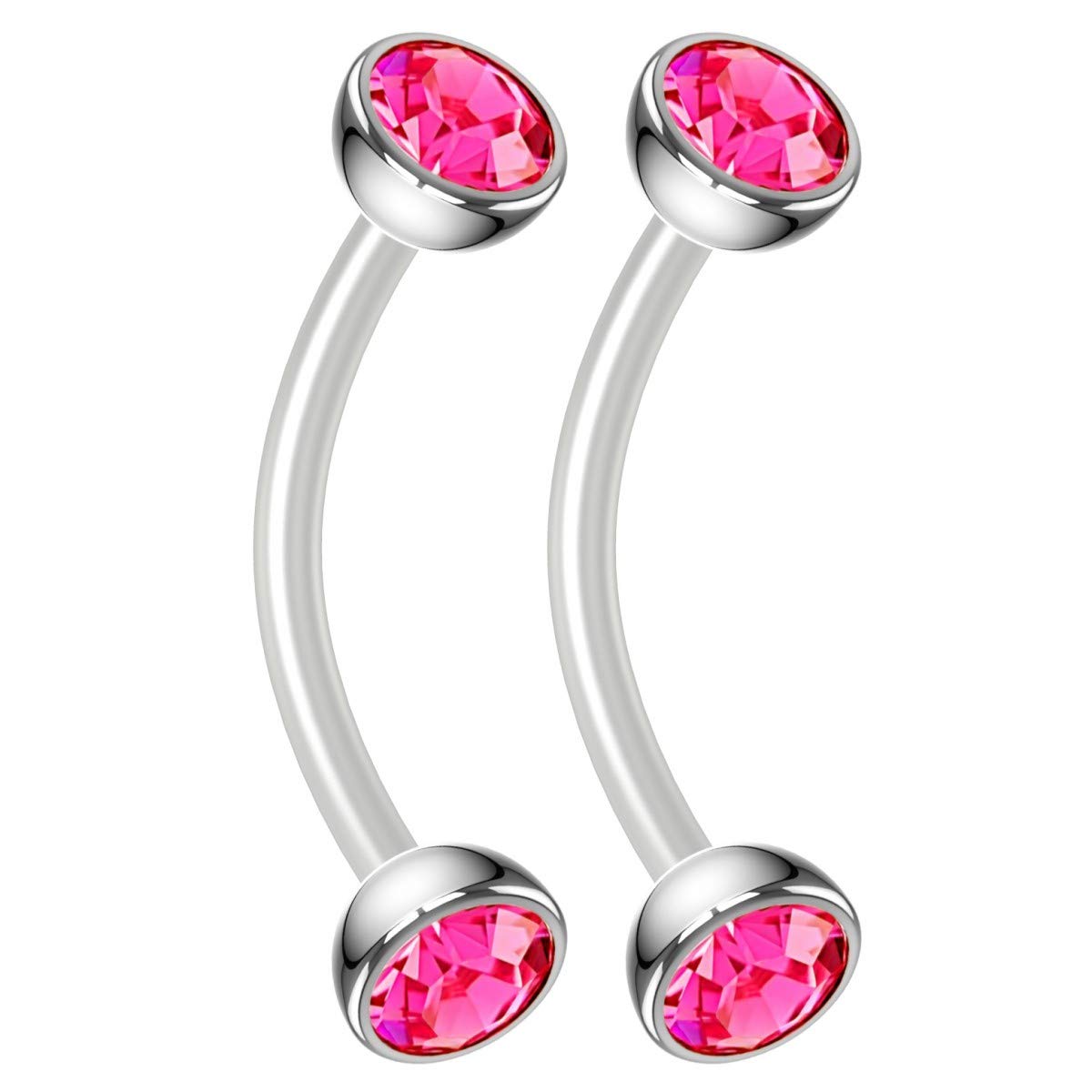 Bling Piercing 2pc 16g Flexible Bioflex Curved Barbell Halfball Rose Crystal 10mm Bioplast J-Curve Bent Banana Bar