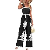 PRETTYGARDEN Womens Jumpsuit Casual One Piece Boho Summer Outfits Shirred Strap Wide Leg Long Pants Rompers With Pockets