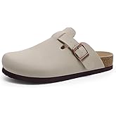 KIDMI Women's Cork Footbed Clogs Leather Mules Comfort Potato Shoes with Arch Support, Light Stone, Size 10