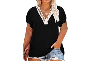 BINSHRE Plus Size Top for Women Lace V Neck Long Sleeve Blouse Trendy Cute Loose Solid Color Shirt